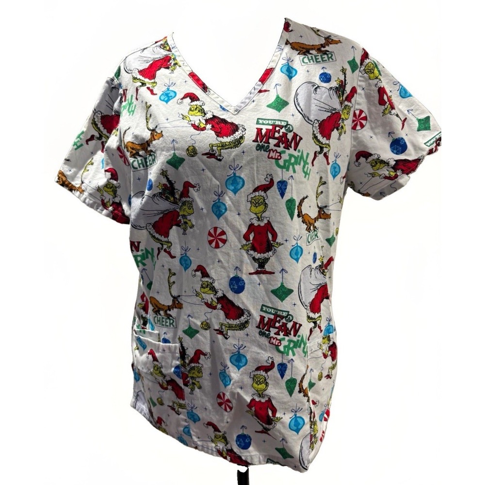 Dr. Seuss Grinch Christmas Print V-Neck Scrub Top Short Sleeve Pockets M